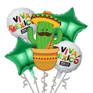 Mexican carnival party balloon set with cartoon cactus and star-shaped foil balloons.