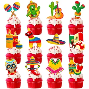 Mexikanische Fiesta Tortendeko Taco Bar Party Dekoration Kaktus Sombrero Pinata Totenkopf Papier Cupcake Toppers Für Geburtstag