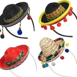Close-up of four different styles of colorful mini Mexican sombrero party headbands