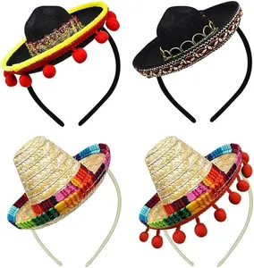 Set of four mini Mexican sombrero headbands with colorful pompons and woven patterns