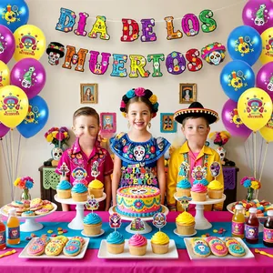 Day of the Dead party decoration set with skull banners, balloons, and cake toppers