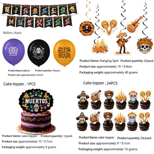 Detailed overview of the Day of the Dead party decoration set with product specifications.