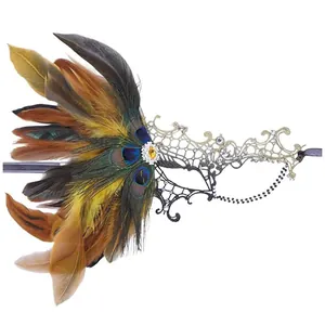 Detailed view of Venetian carnival masquerade mask featuring peacock feathers and lace textures