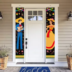 Mexican Cinco de Mayo porch banners featuring traditional characters on a house door.
