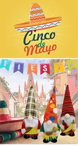 Drei festliche Cinco de Mayo Gnomen mit Taco-, Piñata- und Chili-Zubehör-Elementen