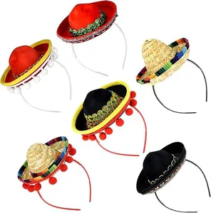 Collection of festive mini Mexican sombrero headbands with colorful poms and embroidery