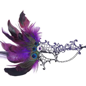 Close-up detail showing the intricate lace and peacock feather decor of the purple mask.