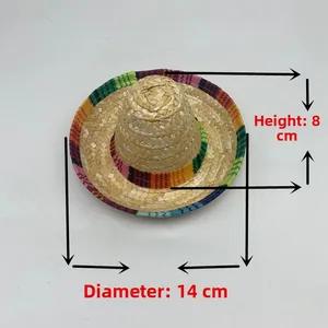 Detail view of mini Mexican straw hat with dimensions: 14cm diameter and 8cm height.