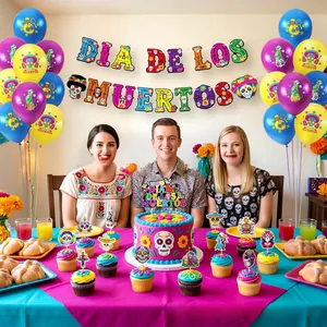 Dia de los Muertos festive party decoration set with colorful banner, balloons and toppers
