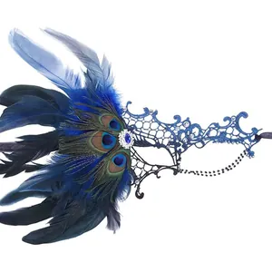 Detailed view of blue lace masquerade mask with peacock feathers and rhinestones