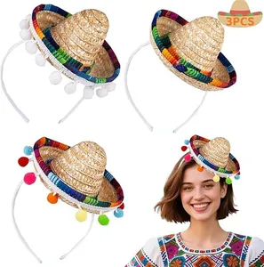 Three mini Mexican straw sombrero headbands with colorful rainbow trim and poms