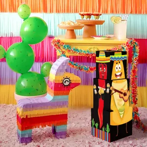 Vibrant Cinco de Mayo party decorations set including a llama piñata and themed cartoon boxes
