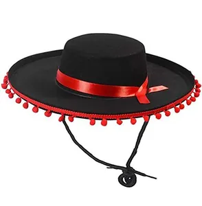 Black Mexican sombrero hat with red pom-pom fringe and ribbon detail for party carnival.