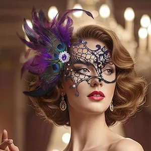 Venetian Masquerade Mask For Women Feather Lace Half Face Mask Halloween Carnival Party Rhinestone Decoration Anna Theme