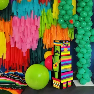 Detailed view of Mexican fiesta theme party decoration boxes with cactus and pinata prints