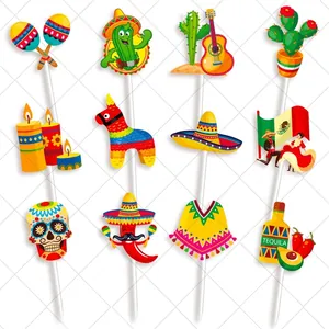 12-teiliges mexikanisches Fiesta-Kuchen-Deko-Set mit Sombreros und Maracas-Motiven