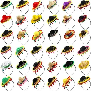 Extensive array of vibrant mini Mexican sombrero headbands with colorful pom-poms for parties