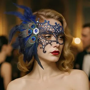 Elegant blue peacock feather lace masquerade mask for Venetian carnival theme party