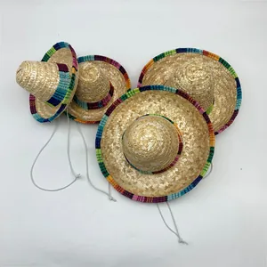 Set of four mini Mexican straw sombreros featuring colorful striped brims for festival parties