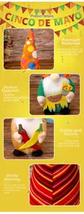 Gros plan des détails du gnome du Cinco de Mayo, texture du tissu et base lestée stable.