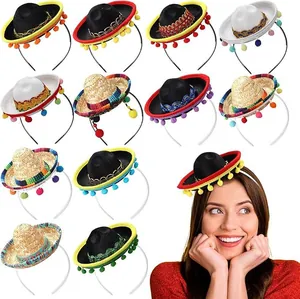 Detailed view of assorted mini Mexican sombrero headbands for festive carnival parties