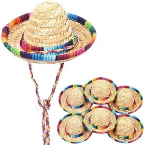 Set of mini Mexican straw sombreros with vibrant rainbow fabric trim for party decor