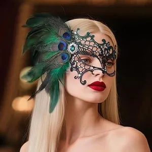 Elegant peacock feather lace masquerade mask for Halloween party and carnival events
