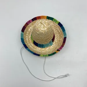 High-quality close-up view of a Mexican straw sombrero featuring a vibrant colorful brim