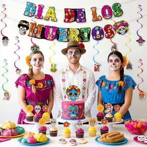 Complete Mexican Day of the Dead party scene featuring banner, cupcakes, and themed decor.