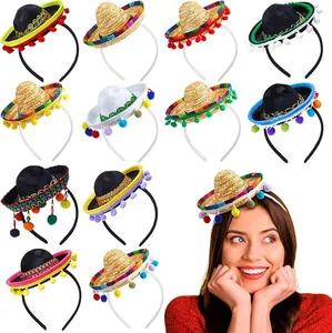Grid display of various mini sombrero headband styles and model wearing a straw hat