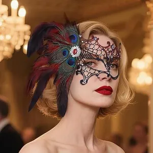Elegant black lace masquerade mask with peacock feathers and rhinestones for carnival events.