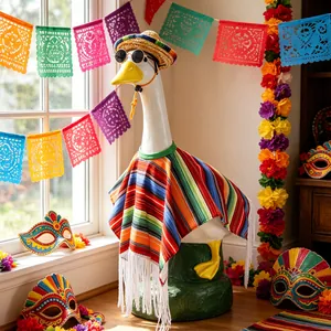 Mexican carnival outfit for 23-inch goose with sombrero, sunglasses, and striped poncho.