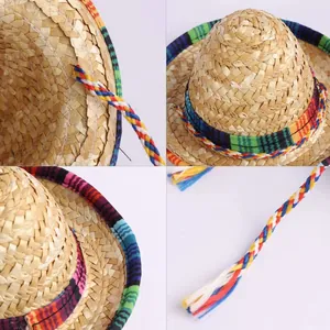 Macro detail of the woven straw texture and colorful striped fabric on mini sombrero hat