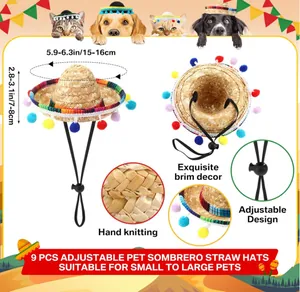 Detailed view of adjustable pet sombrero straw hats with size measurements and hand-knit texture