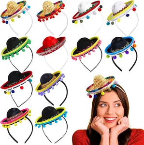 Detailed view of colorful mini Mexican sombrero headbands with model demonstration