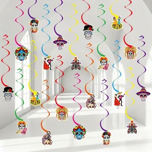 Colorful Day of the Dead hanging swirls featuring traditional skull and skeleton icons