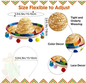 Detailed view of mini pet sombrero hat showing dimensions and weaving texture