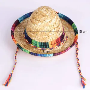 Mini Mexican straw sombrero hat showing 15cm diameter and 8cm height dimensions