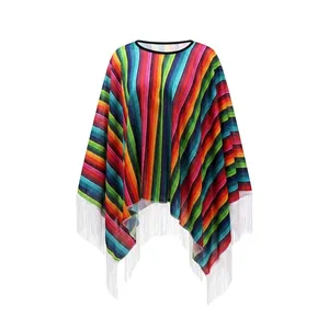 Vibrant Mexican style multi-color striped poncho cape featuring long white fringe hem details