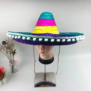 Cappello sombrero messicano colorato in paglia con pompon bianchi per feste a tema
