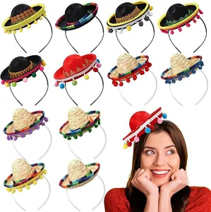 Diverse collection of mini Mexican sombrero headbands with pom-poms shown on a model