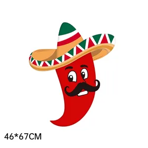 Festive Mexican chili pepper shaped foil balloon with sombrero and mustache, 46x67cm size