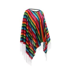 Detail view of a colorful Mexican style striped poncho with white fringe tassels
