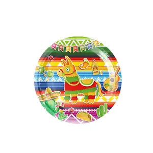 Festive Mexican Fiesta theme disposable paper plate with cartoon donkey piñata design