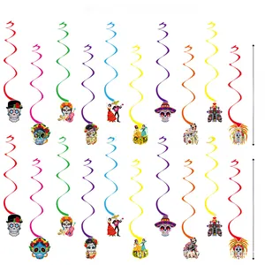 20-piece Day of the Dead paper swirls decorations with sugar skull hanging cards.