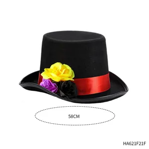 Festive black carnival party top hat featuring red ribbon and floral decor, 58cm