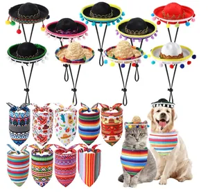 Pet Mexican sombrero and bandana set featuring vibrant carnival prints for cats and dogs