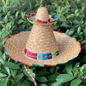 Traditional Mexican wheat straw sombrero hat with colorful patterned trim details