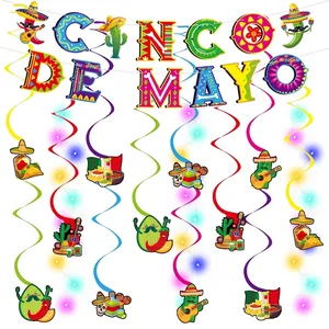 Festive Cinco de Mayo party swirl decorations with colorful Mexican icons