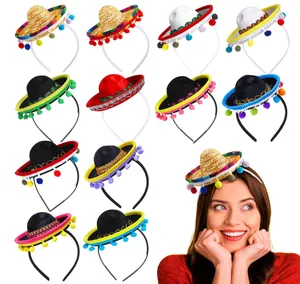 Variety of colorful mini Mexican sombrero headbands for party costumes and pet dress-up